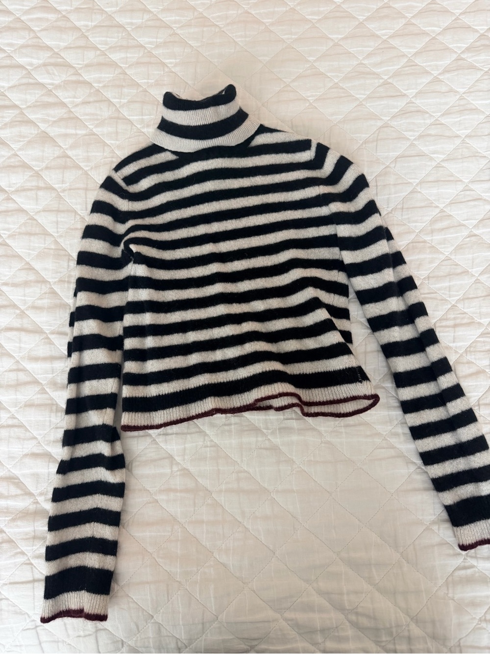 100% Cashmere Striped Black and White Turtleneck Sweater